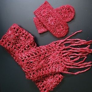Red sparkly scarf with matching mittens